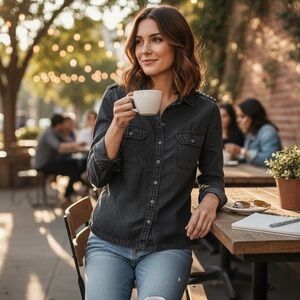 Lee Cooper Washed Black Rivet Shoulder Button Down Square Top